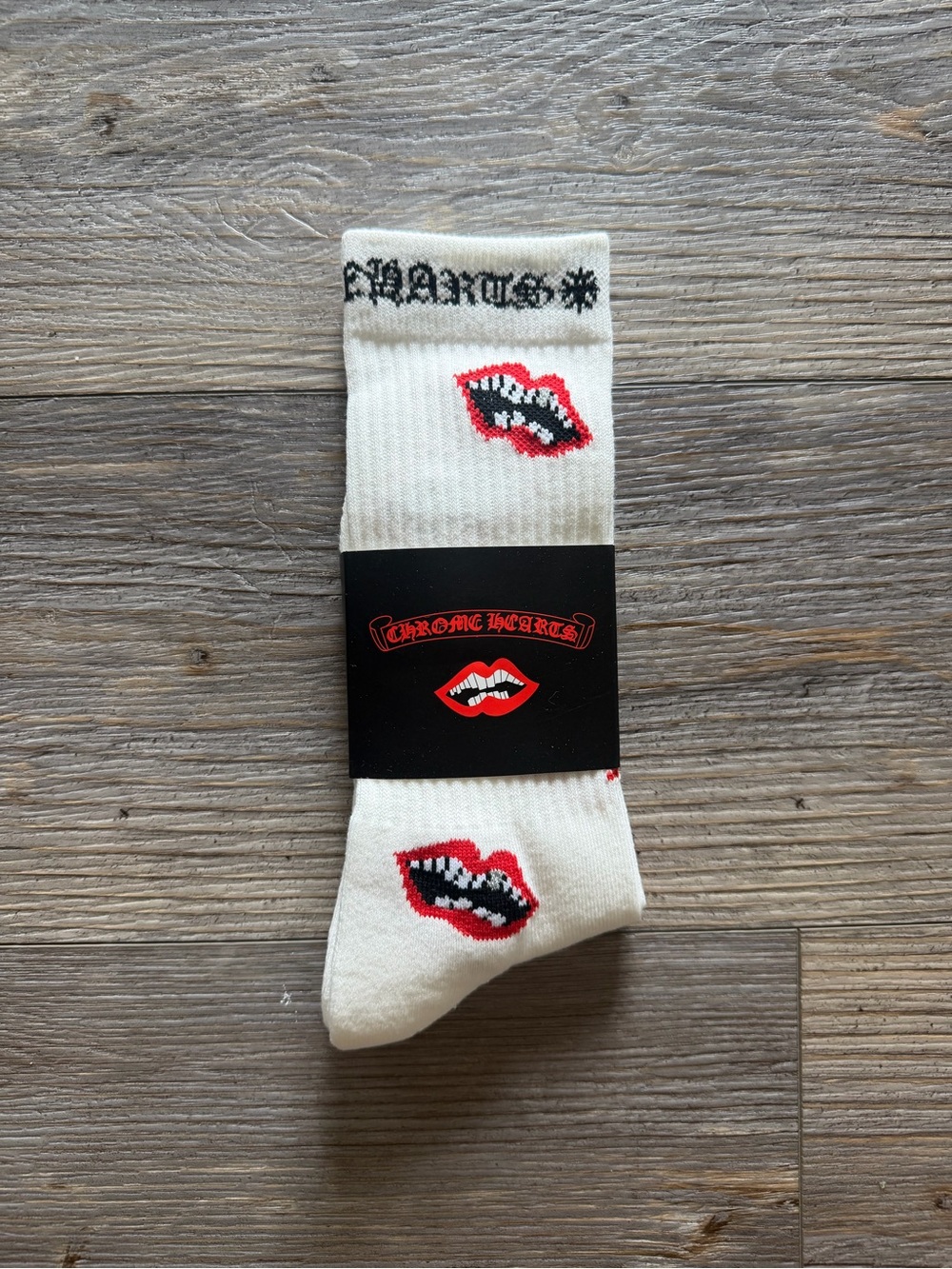 Chrome White Crew Socks with Red Lip